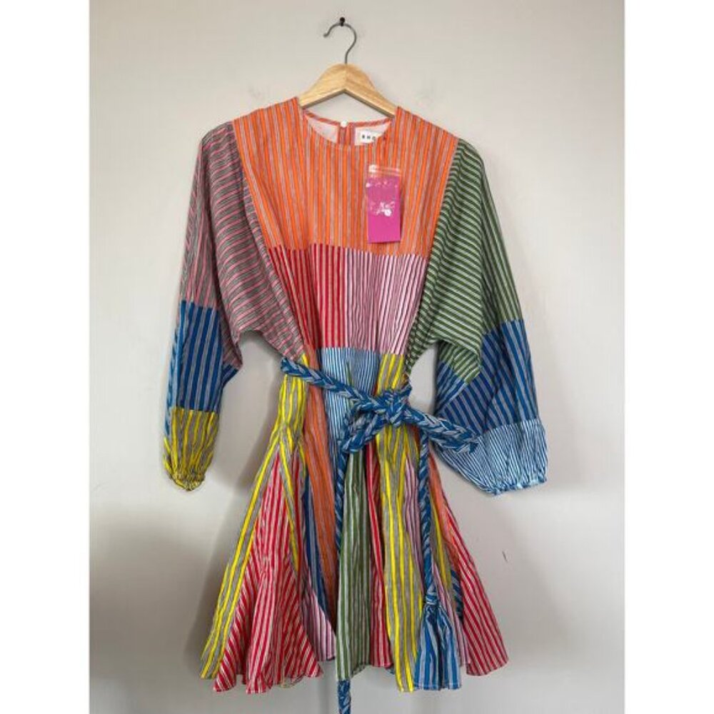 NWT Rhode Ella Long Dolman Sleeve Stripe Patchwork Mini Dress Multi Color Sz: XS - Picture 3 of 9